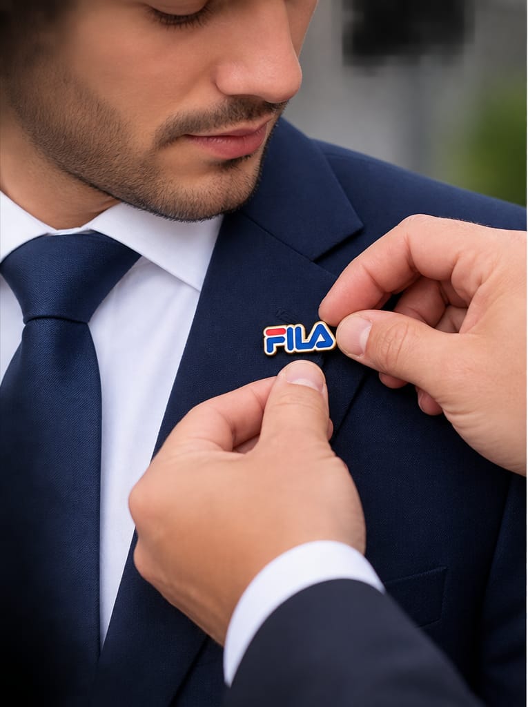 Pin personalizado de marca colocado elegantemente en la solapa de un traje